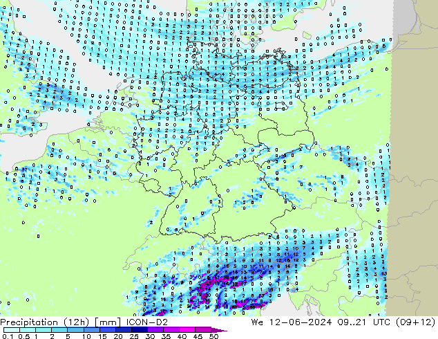 Precipitation (12h) ICON-D2 We 12.06.2024 21 UTC