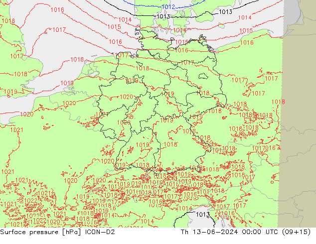 Luchtdruk (Grond) ICON-D2 do 13.06.2024 00 UTC