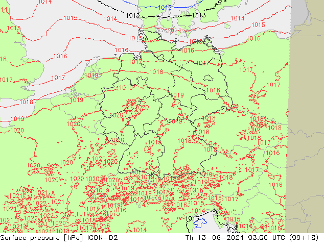 pressão do solo ICON-D2 Qui 13.06.2024 03 UTC