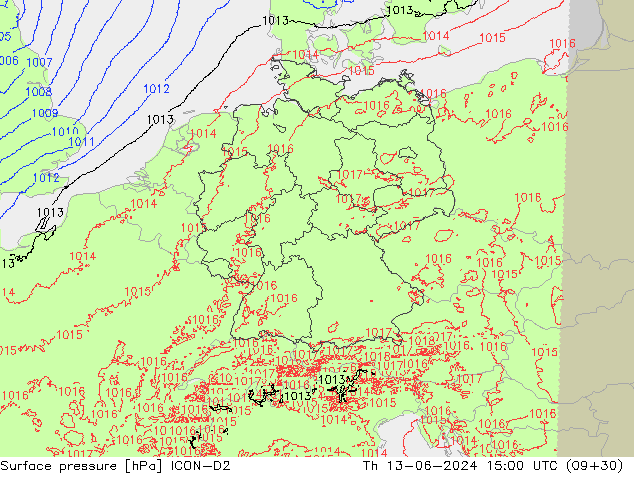 Surface pressure ICON-D2 Th 13.06.2024 15 UTC