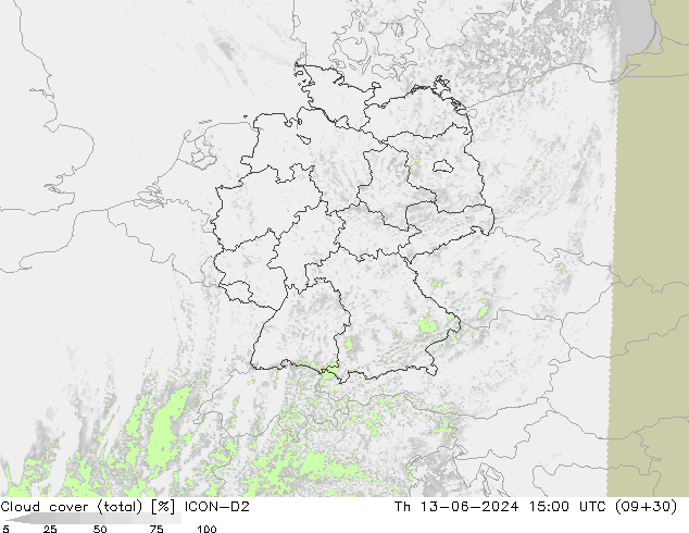 Nuages (total) ICON-D2 jeu 13.06.2024 15 UTC