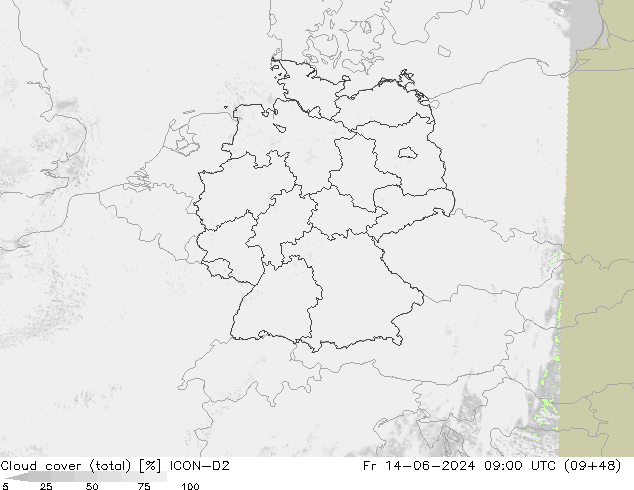 Cloud cover (total) ICON-D2 Fr 14.06.2024 09 UTC