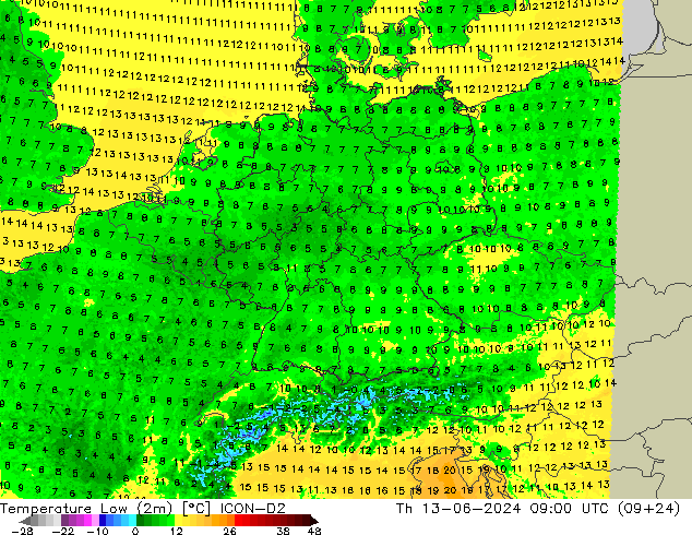 Temperature Low (2m) ICON-D2 Th 13.06.2024 09 UTC