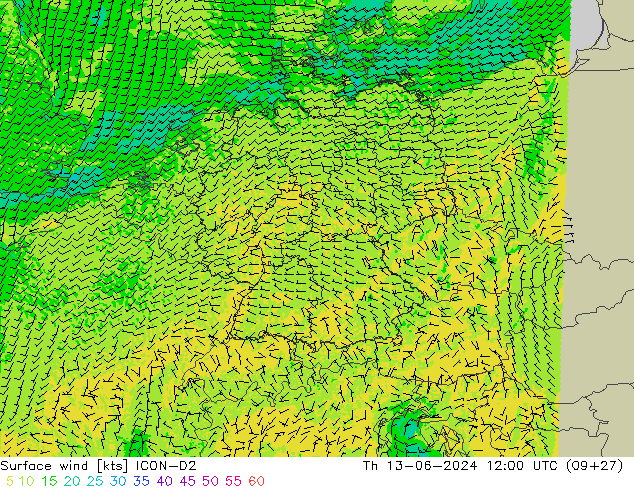 Viento 10 m ICON-D2 jue 13.06.2024 12 UTC