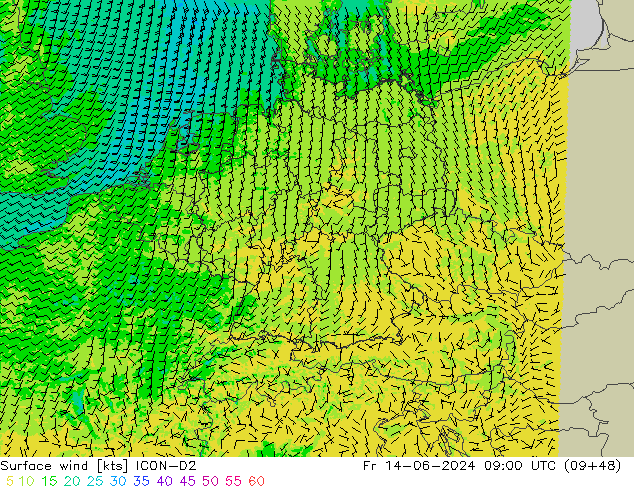 Wind 10 m ICON-D2 vr 14.06.2024 09 UTC