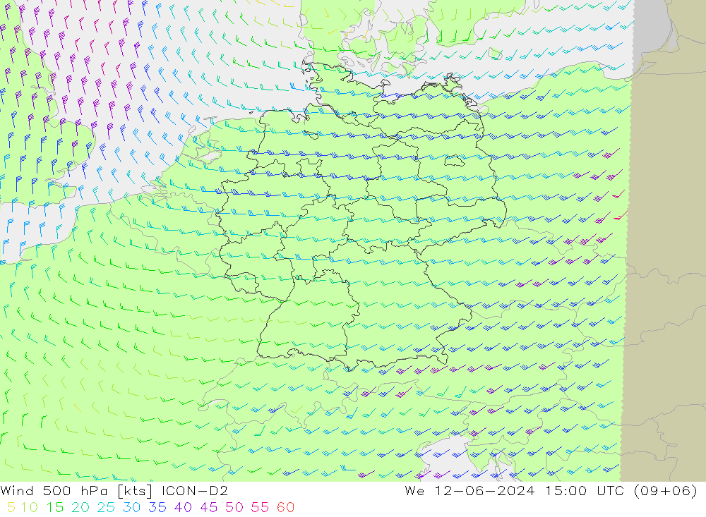 Vent 500 hPa ICON-D2 mer 12.06.2024 15 UTC