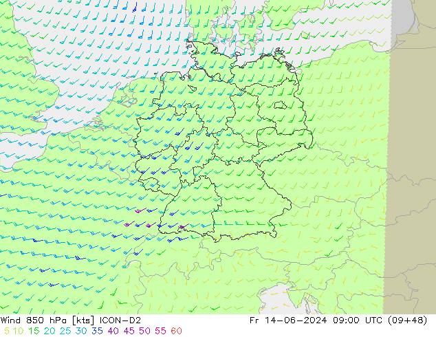 Wind 850 hPa ICON-D2 vr 14.06.2024 09 UTC