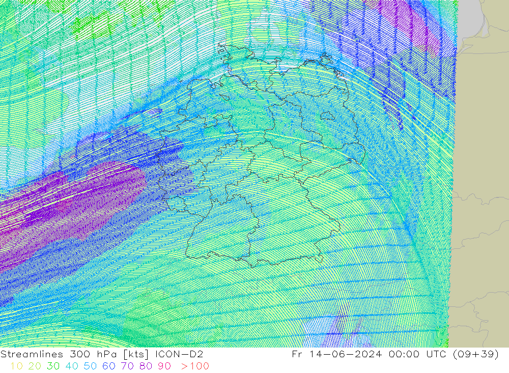 Streamlines 300 hPa ICON-D2 Fr 14.06.2024 00 UTC