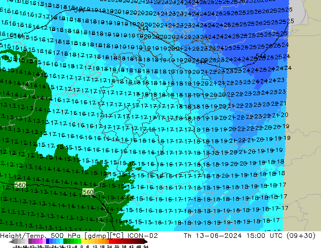 Height/Temp. 500 hPa ICON-D2 gio 13.06.2024 15 UTC