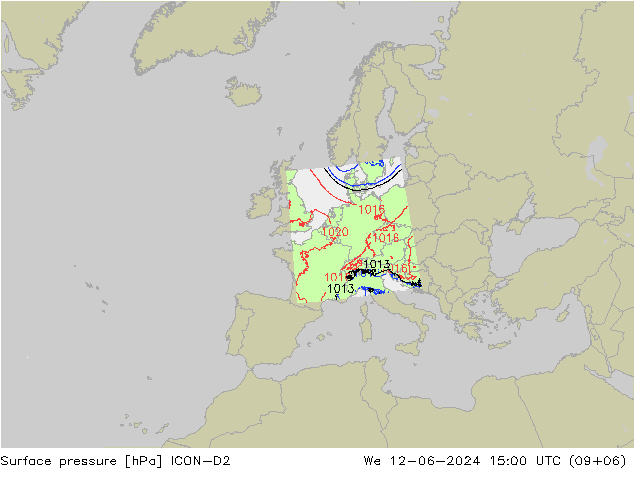 Surface pressure ICON-D2 We 12.06.2024 15 UTC