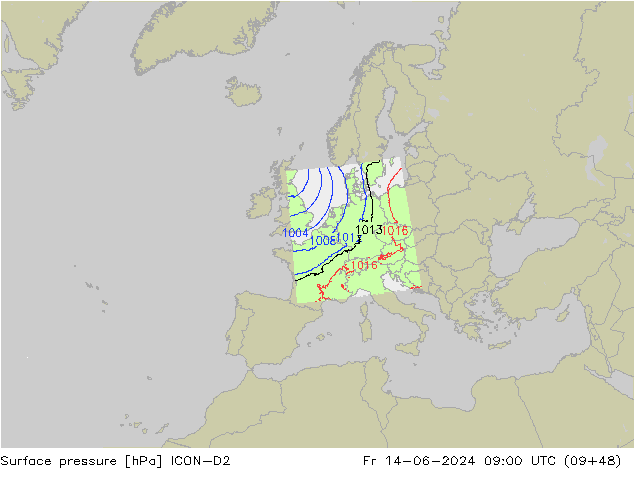 Luchtdruk (Grond) ICON-D2 vr 14.06.2024 09 UTC