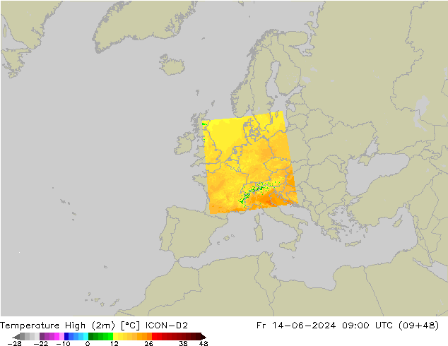 Max. Temperatura (2m) ICON-D2 pt. 14.06.2024 09 UTC