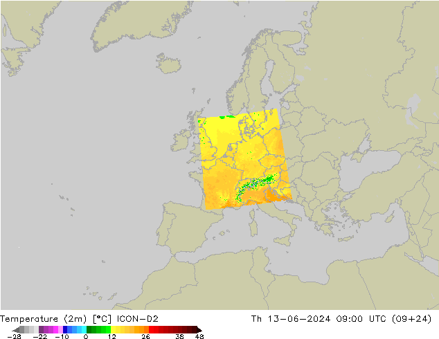карта температуры ICON-D2 чт 13.06.2024 09 UTC