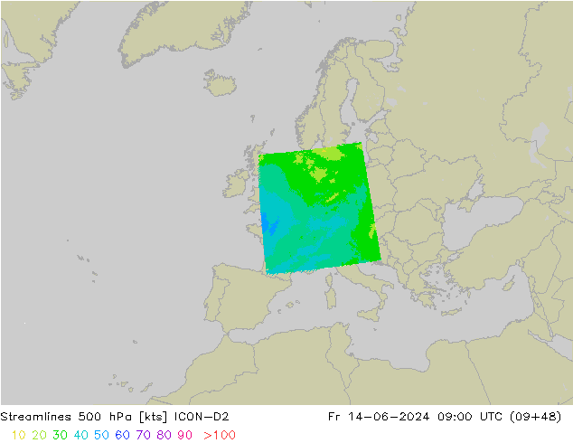 Ligne de courant 500 hPa ICON-D2 ven 14.06.2024 09 UTC