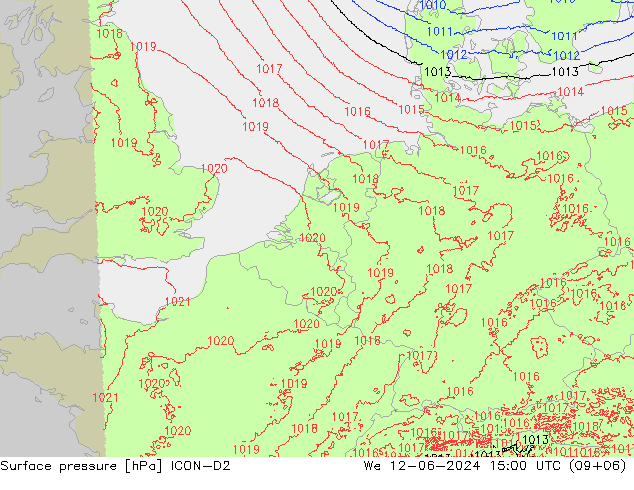 Surface pressure ICON-D2 We 12.06.2024 15 UTC