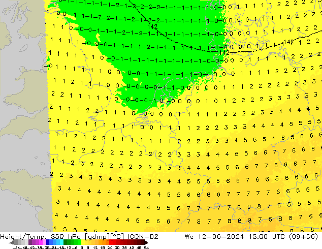 Hoogte/Temp. 850 hPa ICON-D2 wo 12.06.2024 15 UTC