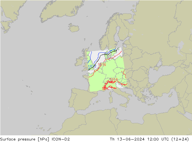 Surface pressure ICON-D2 Th 13.06.2024 12 UTC