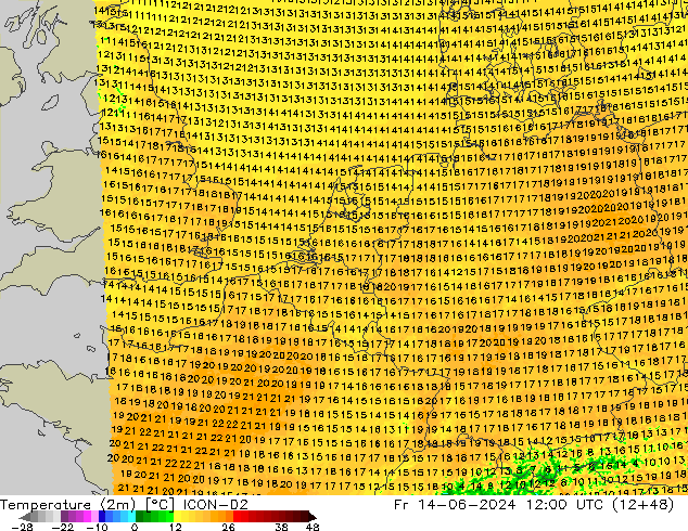 Temperaturkarte (2m) ICON-D2 Fr 14.06.2024 12 UTC