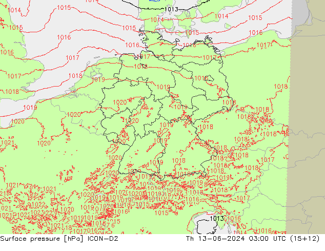 Pressione al suolo ICON-D2 gio 13.06.2024 03 UTC