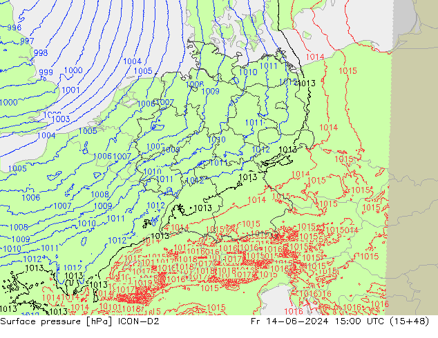 Surface pressure ICON-D2 Fr 14.06.2024 15 UTC