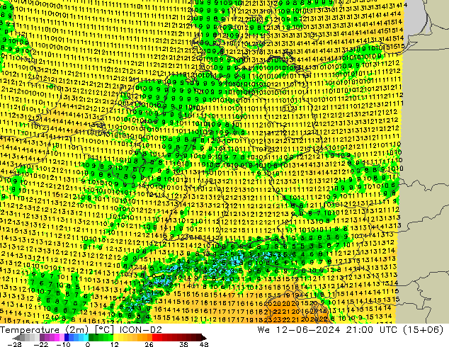 Temperature (2m) ICON-D2 We 12.06.2024 21 UTC