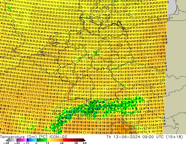 Temperature (2m) ICON-D2 Th 13.06.2024 09 UTC