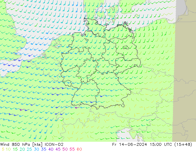 Viento 850 hPa ICON-D2 vie 14.06.2024 15 UTC