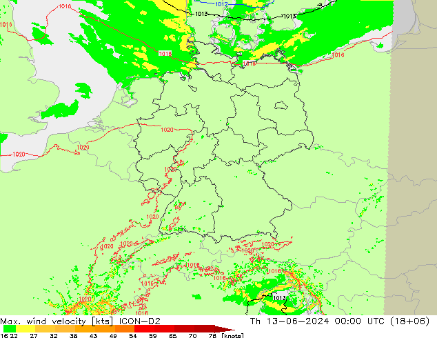 Max. wind velocity ICON-D2 czw. 13.06.2024 00 UTC