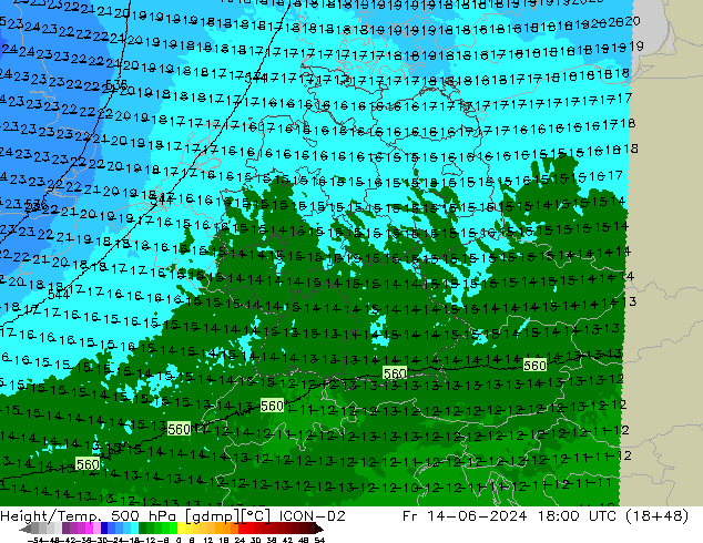 Géop./Temp. 500 hPa ICON-D2 ven 14.06.2024 18 UTC