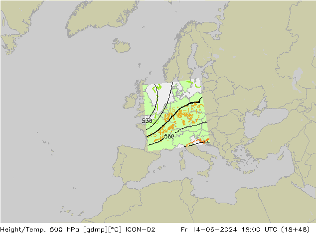 Height/Temp. 500 hPa ICON-D2 Fr 14.06.2024 18 UTC