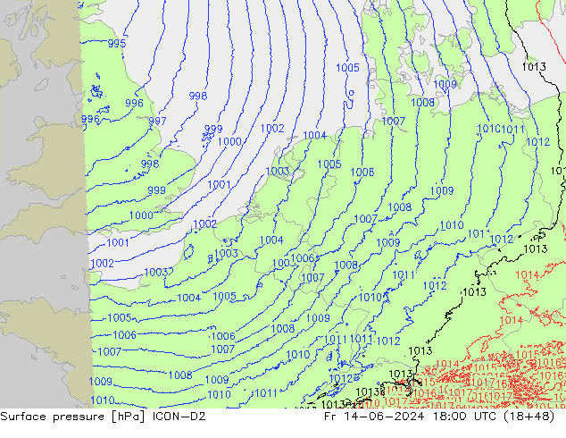 Pressione al suolo ICON-D2 ven 14.06.2024 18 UTC