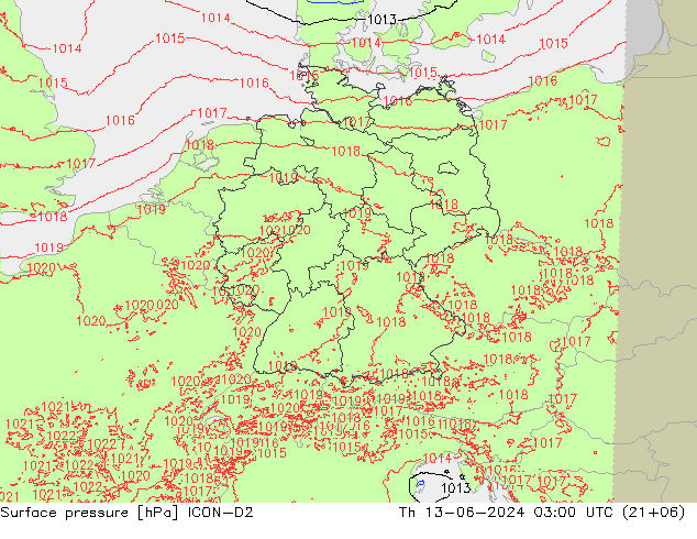 Pressione al suolo ICON-D2 gio 13.06.2024 03 UTC