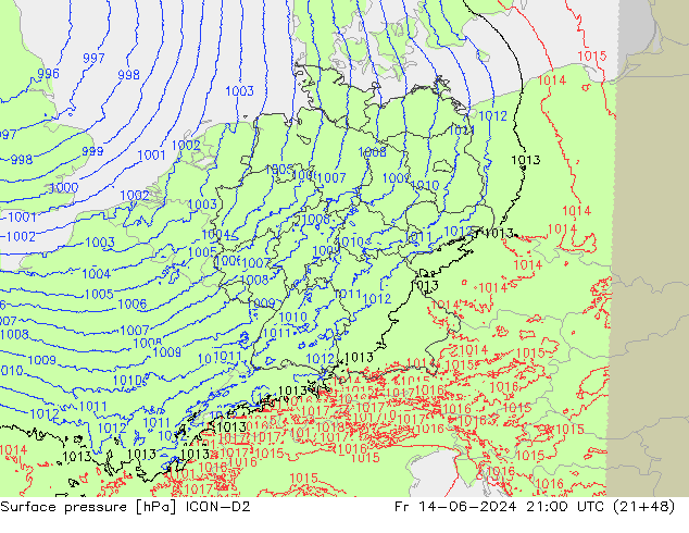 Surface pressure ICON-D2 Fr 14.06.2024 21 UTC