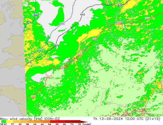 Max. wind velocity ICON-D2 чт 13.06.2024 12 UTC