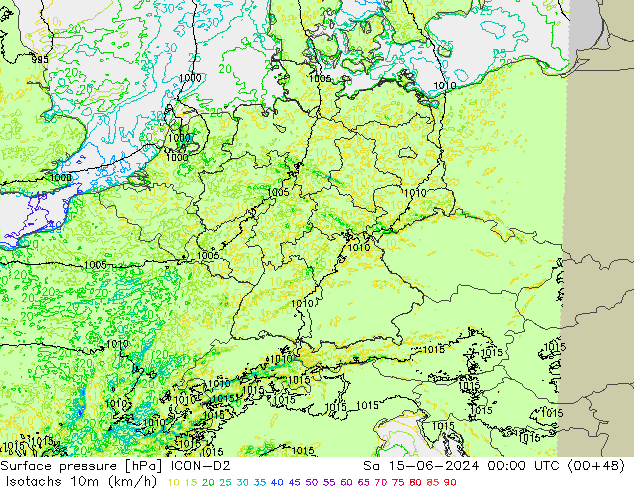 Isotaca (kph) ICON-D2 sáb 15.06.2024 00 UTC