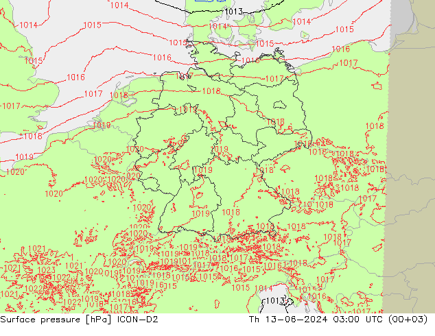 Surface pressure ICON-D2 Th 13.06.2024 03 UTC