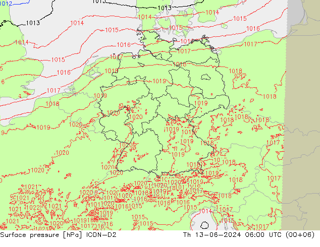 地面气压 ICON-D2 星期四 13.06.2024 06 UTC
