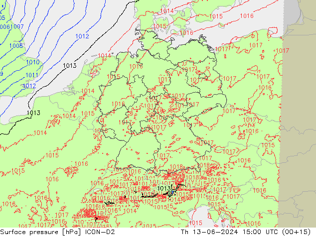 Atmosférický tlak ICON-D2 Čt 13.06.2024 15 UTC
