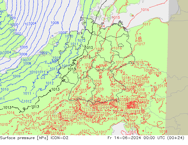 Presión superficial ICON-D2 vie 14.06.2024 00 UTC