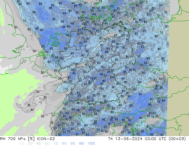 RH 700 hPa ICON-D2 gio 13.06.2024 03 UTC