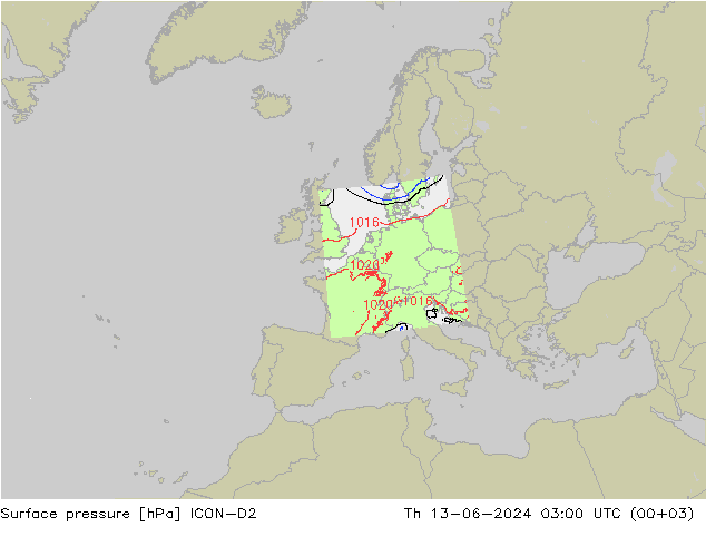 Surface pressure ICON-D2 Th 13.06.2024 03 UTC