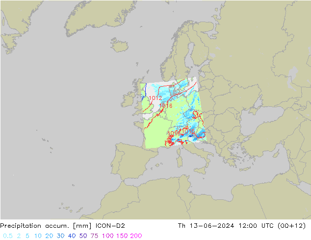 Precipitation accum. ICON-D2 Th 13.06.2024 12 UTC