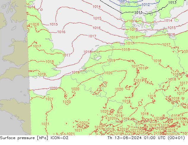 Presión superficial ICON-D2 jue 13.06.2024 01 UTC