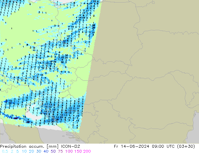 Precipitation accum. ICON-D2 Fr 14.06.2024 09 UTC