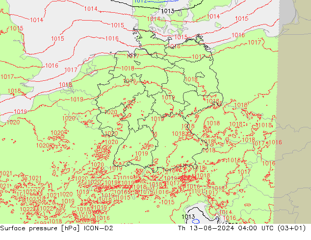 Atmosférický tlak ICON-D2 Čt 13.06.2024 04 UTC