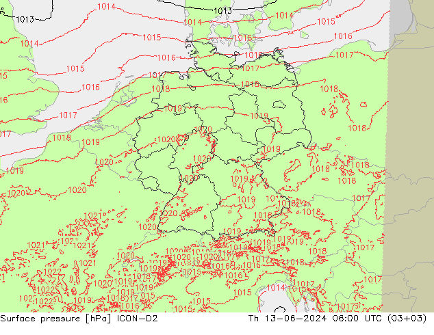 Atmosférický tlak ICON-D2 Čt 13.06.2024 06 UTC