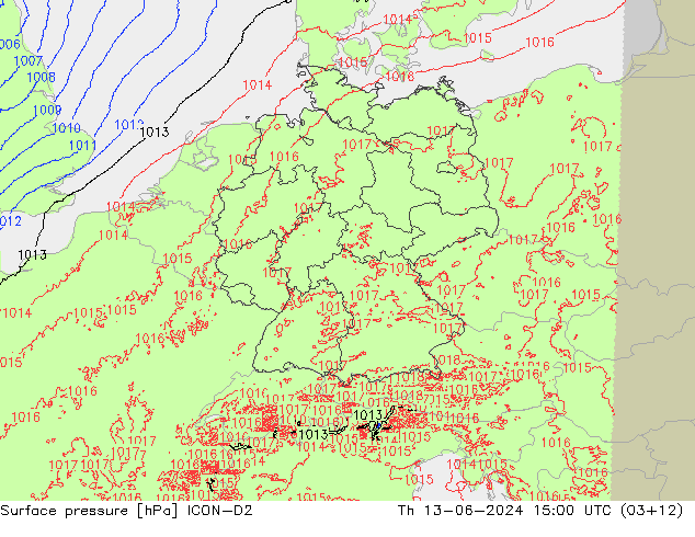 Luchtdruk (Grond) ICON-D2 do 13.06.2024 15 UTC