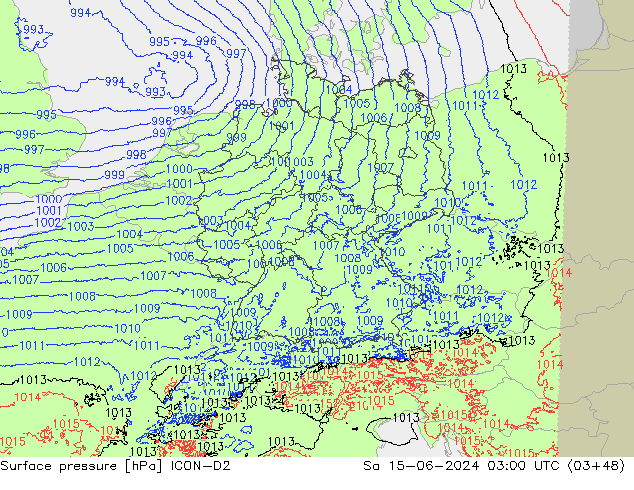 Surface pressure ICON-D2 Sa 15.06.2024 03 UTC