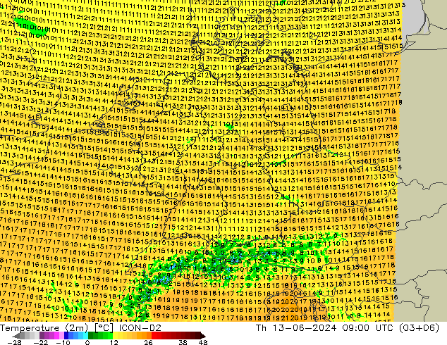 Temperature (2m) ICON-D2 Th 13.06.2024 09 UTC