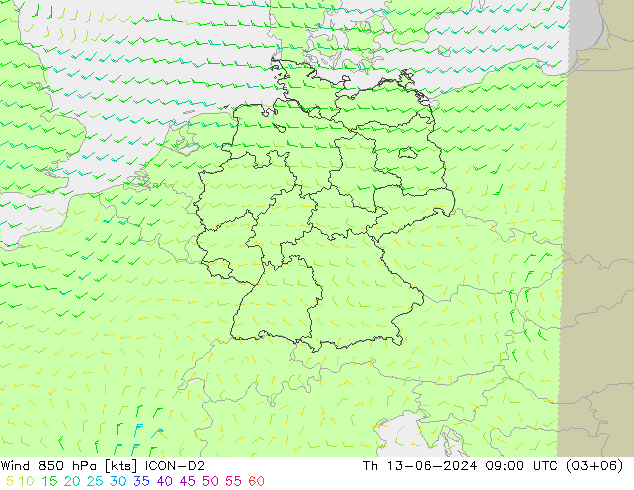 wiatr 850 hPa ICON-D2 czw. 13.06.2024 09 UTC